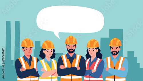 Group of sad and worried construction workers standing together with a blank speech bubble over a city skyline.
