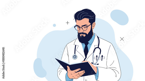 Professional male doctor with a beard and glasses wearing a white lab coat and stethoscope while writing notes in a medical folder.