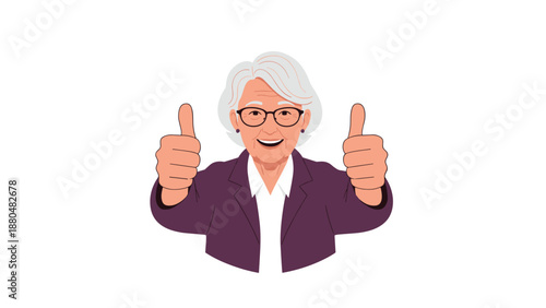 Happy and confident senior woman wearing glasses and a purple blazer giving two thumbs up with an enthusiastic facial expression.