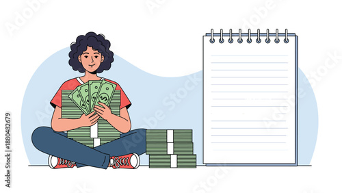 Young woman sitting cross legged holding piles of cash next to a large blank spiral notebook for financial planning or budgeting.