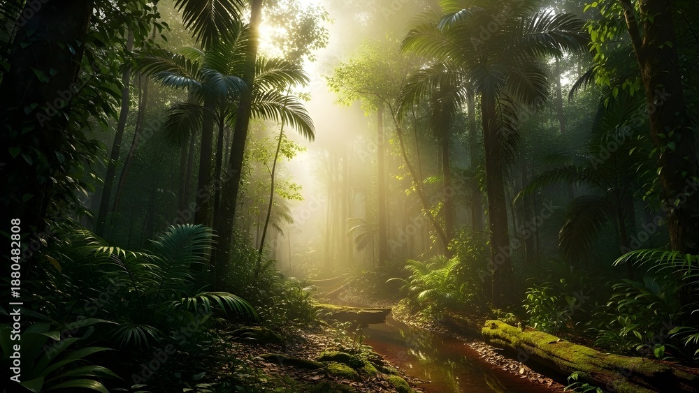 Naklejka premium Sunlight filtering through the dense canopy of a vibrant tropical rainforest, illuminating a serene path through lush green foliage.