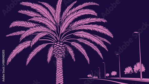 Large pink palm tree on a road with streetlights at night in a cityscape