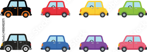 Colorful small city car icons set in flat cartoon vector style for transportation apps games and urban design projects