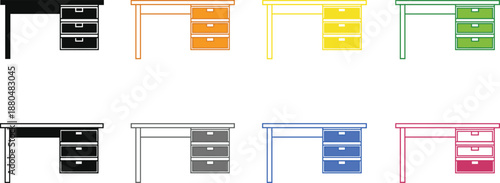 Office desk with drawers icons set in flat vector style for workspace furniture layouts and interior design projects