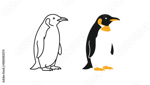 Two distinct emperor penguin illustrations presented side by side showing an outline version next to a fully colored version for comparison