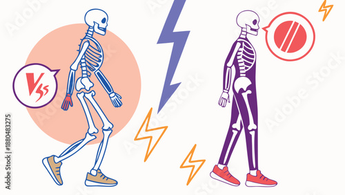 Healthy lifestyle versus unhealthy habits contrasting skeletons in motion with lightning bolts