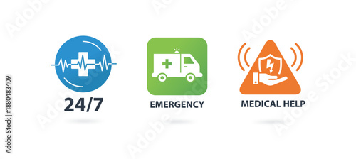 Medical Emergency Icons Set for 24/7 Emergency Services. Healthcare Assistance, Ambulance and Emergency Help Symbols. Vector Icons Set with 24/7 Service and Ambulance Scalable.
