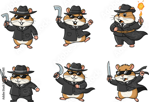 Cartoon gangster hamster with knives, fire, black suits, hats, and sunglasses in action poses for comic, sticker, or animation designs.