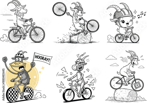 Cartoon goats riding bicycles, doing tricks, racing, celebrating, funny black and white cycling illustration, humorous animal sports, sketch comic art