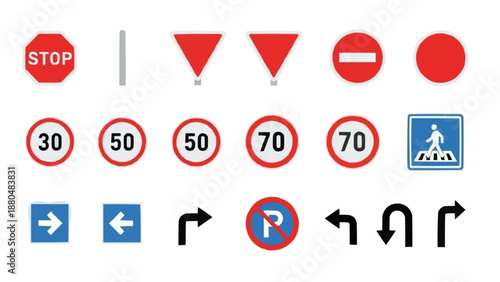 Collection of various traffic signs and road symbols.