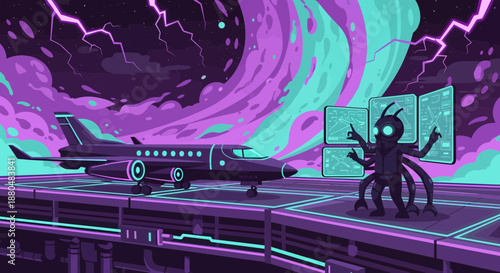 Futuristic Alien Being Standing on a Space Station Platform