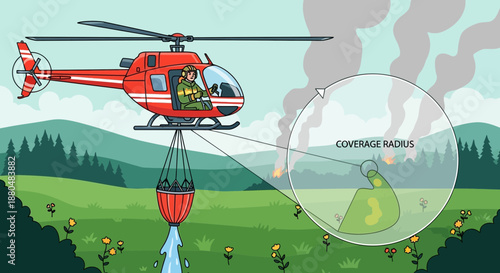 Helicopter dropping water on wildfire in natural landscape