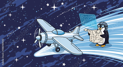 Penguin pilot flying through starry night sky with map