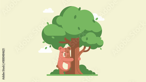 This heartwarming flat design illustration features a charming bear tenderly embracing a vibrant green tree in a serene forest setting. A minimalist 2D vector graphic symbolizing nature's embrace.

