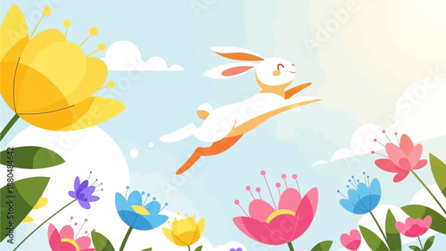 An energetic flat design illustration showcasing a cheerful rabbit gracefully leaping over a vibrant assortment of colorful spring flowers. 