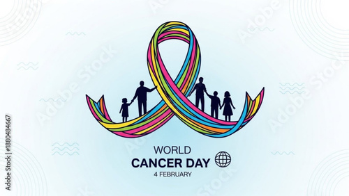 World cancer day awareness ribbon with family silhouettes on light blue background