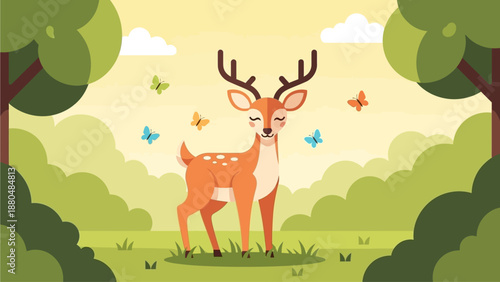 This serene flat design illustration depicts a graceful deer standing peacefully in a vibrant green meadow, adorned by colorful, fluttering butterflies. 