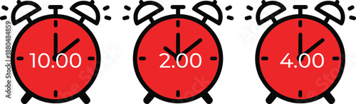 Red alarm clock time icons set in flat vector style for scheduling reminders productivity and time management design projects