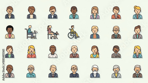 Diverse group of people icons with various ages ethnicities and abilities on light background