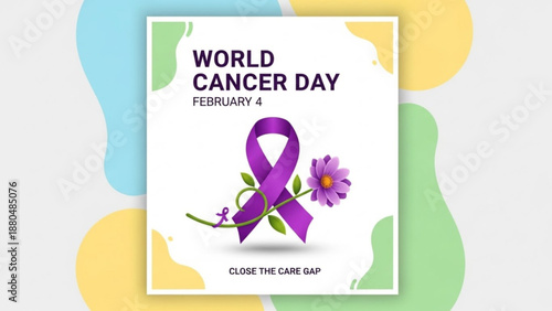 World cancer day poster with purple ribbon and flower on colorful background february 4th awareness campaign