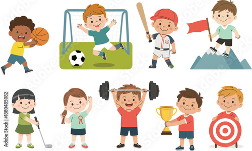 Cartoon kids playing various sports and physical activities, perfect for educational, fitness, health, teamwork, and children’s activity illustrations