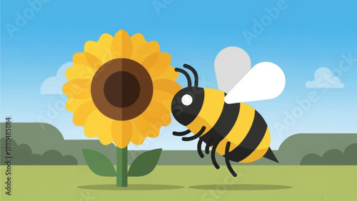 A lively flat design illustration showing a cheerful bumblebee character joyfully buzzing around a bright, large sunflower in a sunny field. 