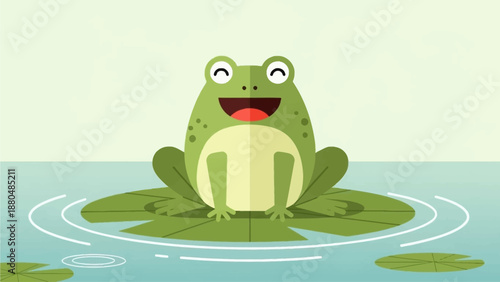 This charming flat design illustration depicts a relaxed and happy frog character peacefully resting on a large green lily pad in a tranquil pond. 