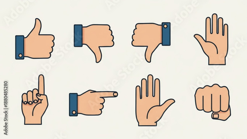 Hand gestures icons set with thumbs up down and fingers signals on white background