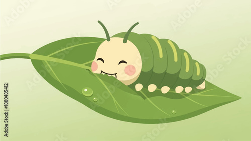 A delightful flat design illustration featuring a plump, friendly caterpillar character contentedly munching on a large, vibrant green leaf. 