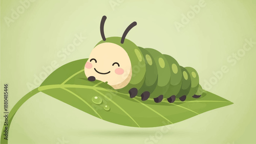 A delightful flat design illustration featuring a plump, friendly caterpillar character contentedly munching on a large, vibrant green leaf. 