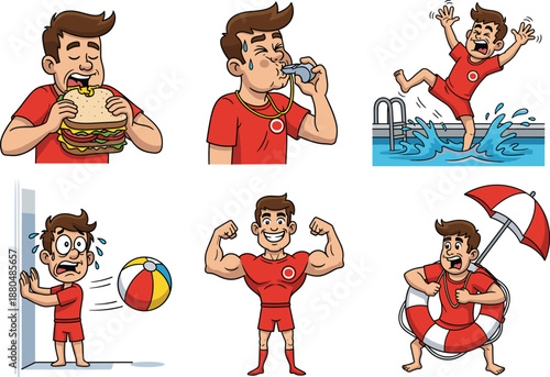 Cartoon lifeguard characters in funny poses, pool safety, whistle blowing, swimming humor, beach rescue, eating burger, comic illustrationCartoon 
