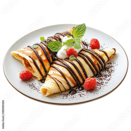 Chocolate crepe on a plate, isolated on a white background, elegantly presented to showcase its appetizing features. PNG