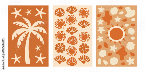 orange and white beach themed illustrations with palm trees and seashells