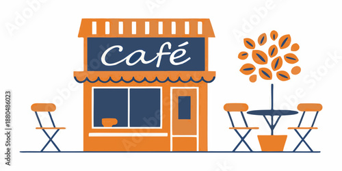 a small orange cafe with a table and chairs outside
