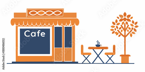 a simple orange cafe with a tree and table outside