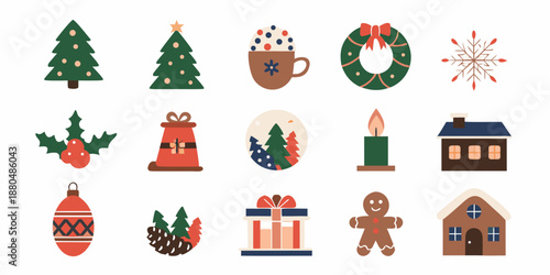 christmas icons and symbols in various festive shapes and colors