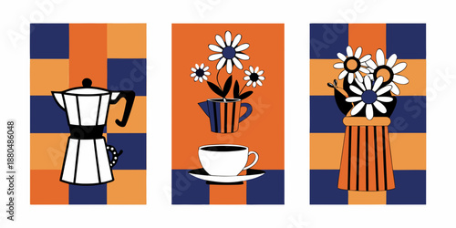 a set of three panels with coffee and flowers on orange and blue backgrounds