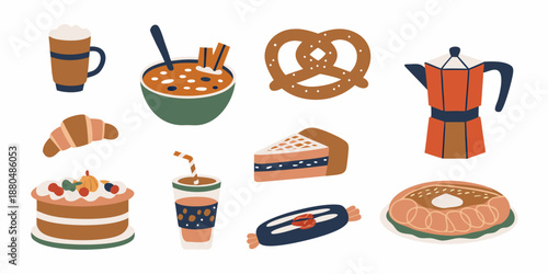 a collection of food and drink items on a white background
