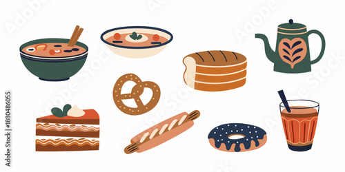 a colorful illustration of various breakfast foods and drinks on a white background