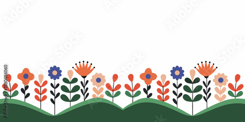 a colorful flower border with green hills and white background
