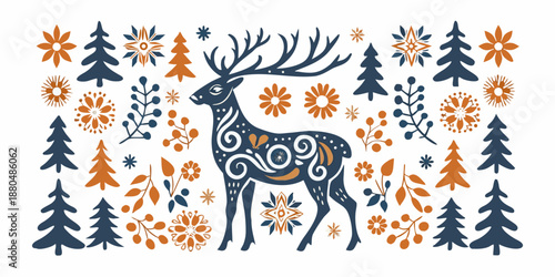 a blue and orange deer surrounded by trees and flowers
