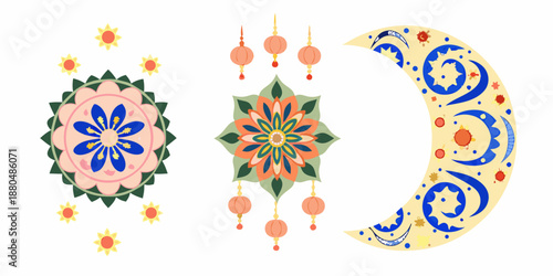 Islamic geometric patterns and crescent moon designs