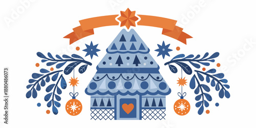 a blue house with an orange star and ornaments on it