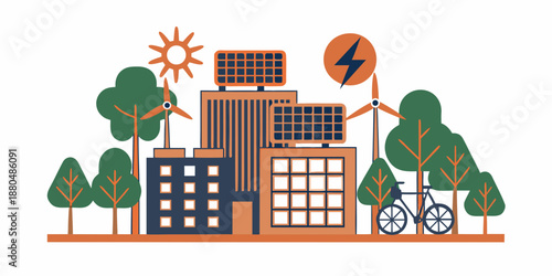 city with solar panels and wind turbines generating clean energy