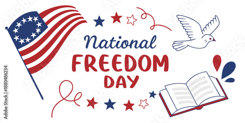 National Freedom Day illustration with US flag, open book and dove