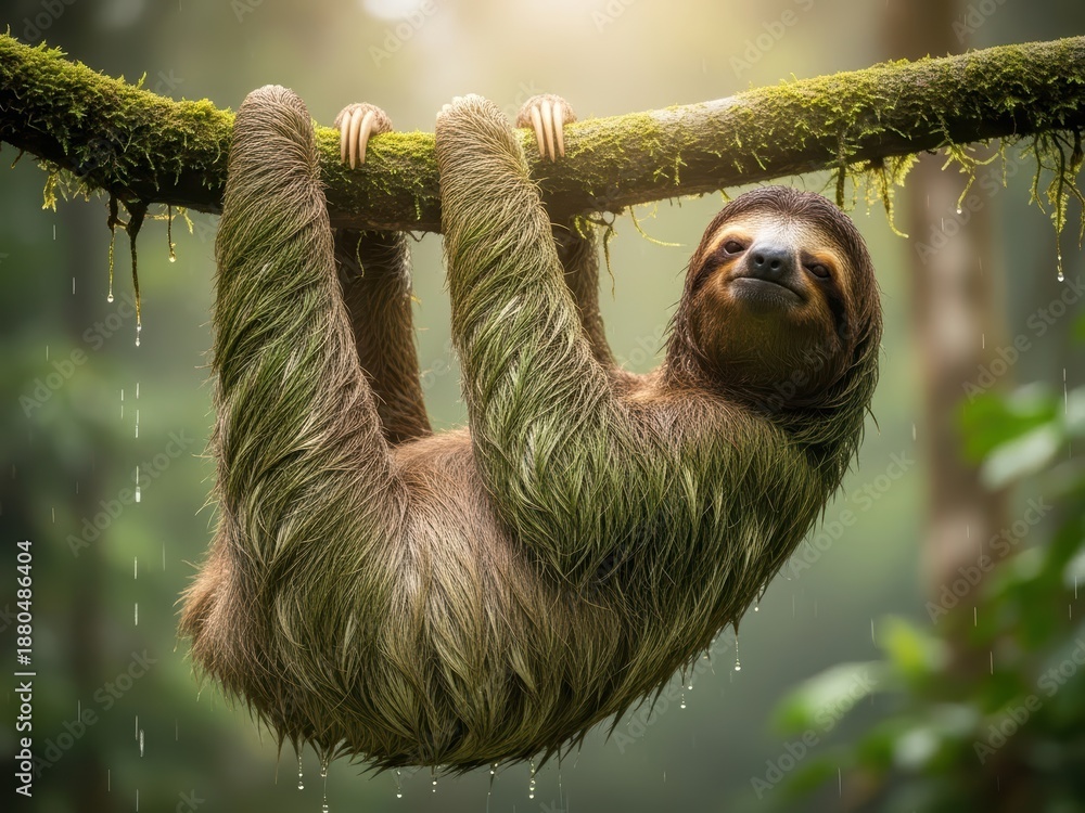 Fototapeta premium Relaxed sloth hanging upside down on a mossy branch