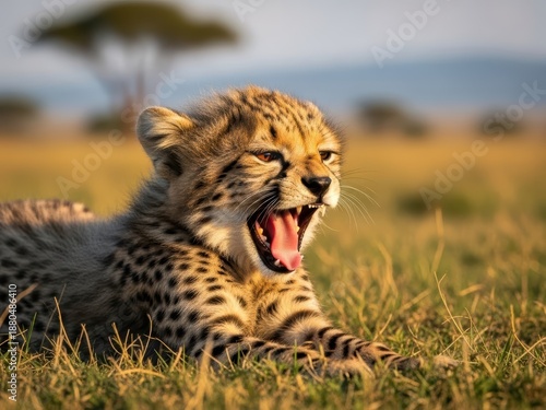 Cute cheetah cub yawning in a golden savannah