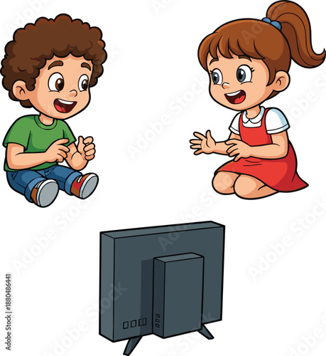 Two happy kids watching television, boy and girl enjoying TV show, children entertainment, indoor activity, family fun, digital screen, casual clothes, childhood happiness