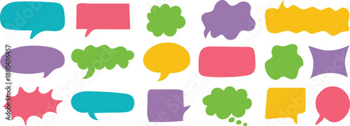 Collection of colorful hand drawn speech bubbles and thought clouds in various shapes and sizes on a light background 