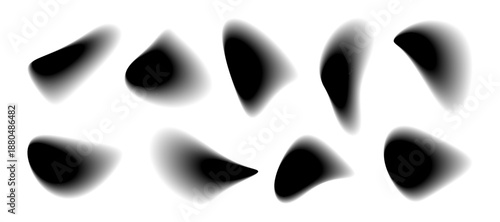 Ten blurry, abstract shapes float on a white background. These shapes have varied forms in monochrome gradient, ranging from dark to light shades of gray.